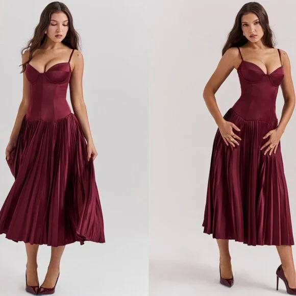 HOUSE OF CB 'Beau' Wine Pleated Midi Dress NWOT - Picture 3 of 10